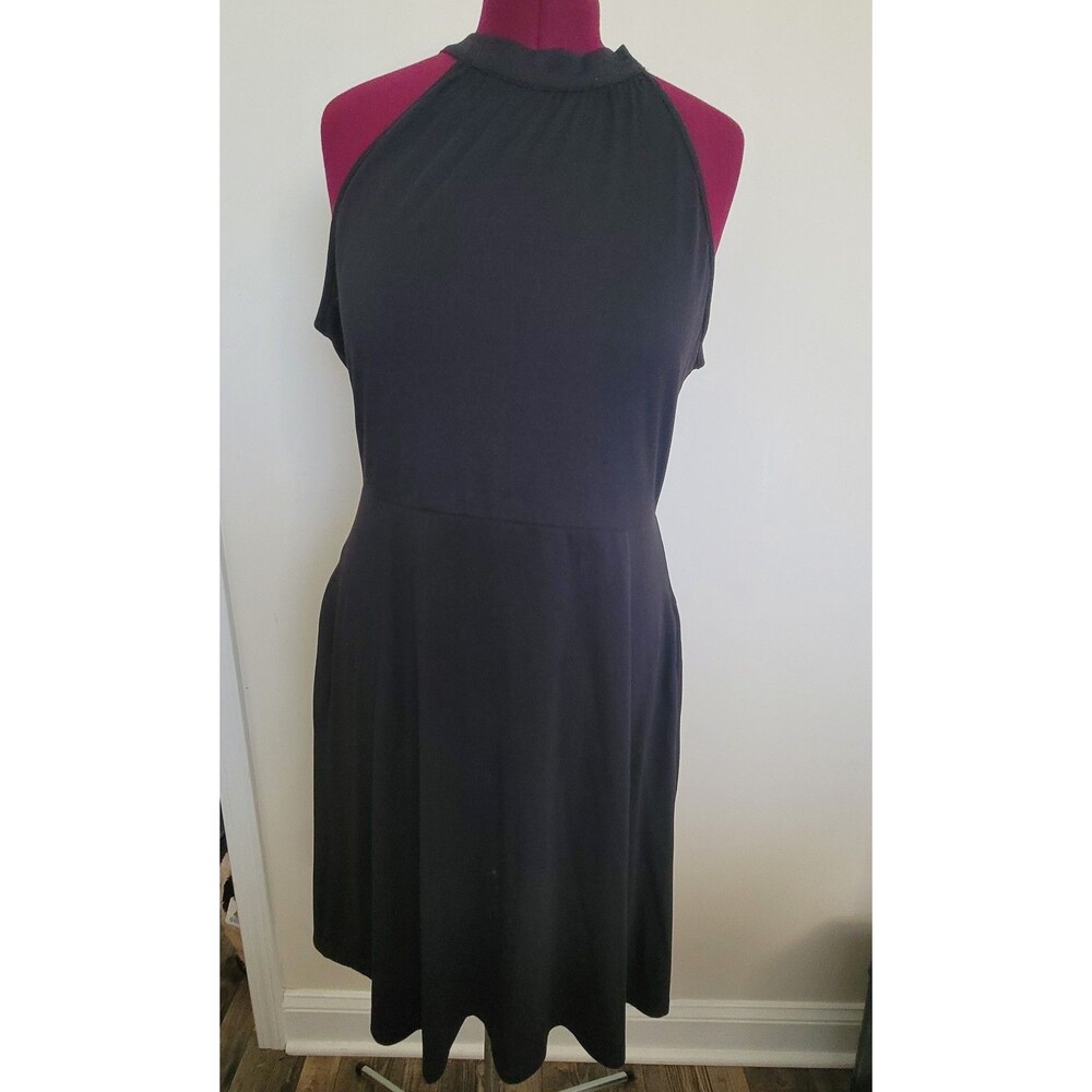 Fanvook Black Halter Dress XXL 2X Sleeveless Tie Neck A-Line Midi Stretch